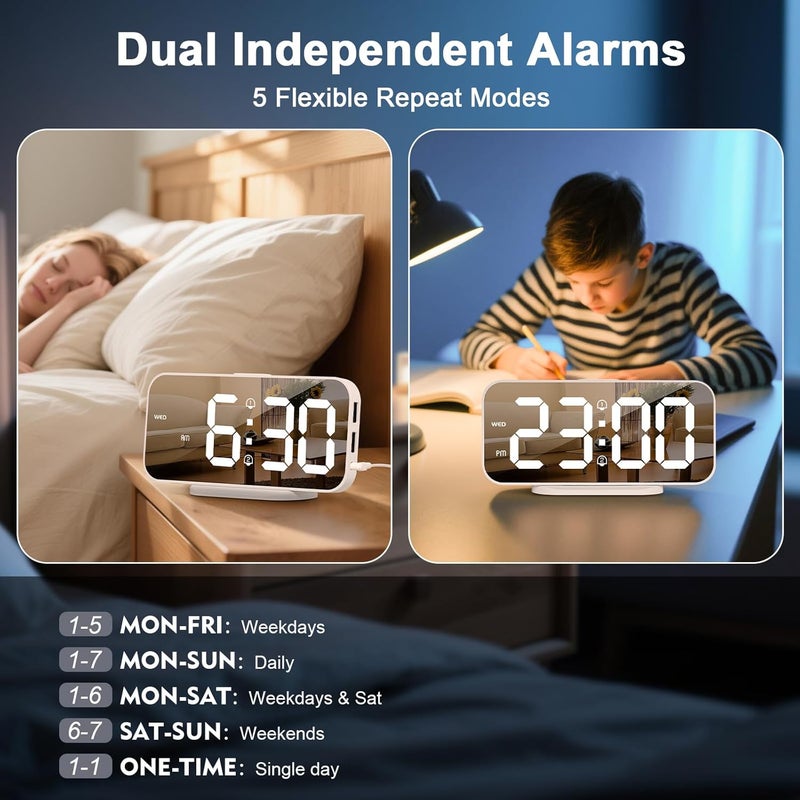 ALANAS Digital Alarm Clock for Bedrooms, Dual Alarms with Snooze, Big LED Mirror Display, 4-Level Dimmer & 2 USB Ports, Plug in Clocks, Aesthetic Modern Desk Clock for Home Office, Gift - Image 2